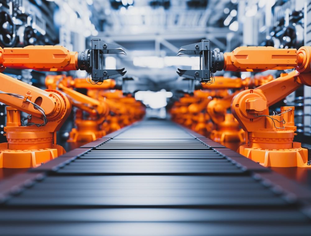 Robotic Arms Along Assembly Line In Modern Factory X4A22ZU 1